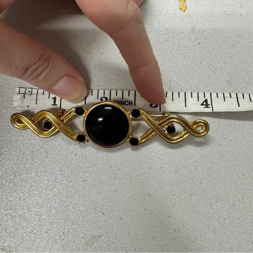 Dauplaise Vintage Gold Tone Black Glass Bead & Rhinestone Brooch Pin Estate
